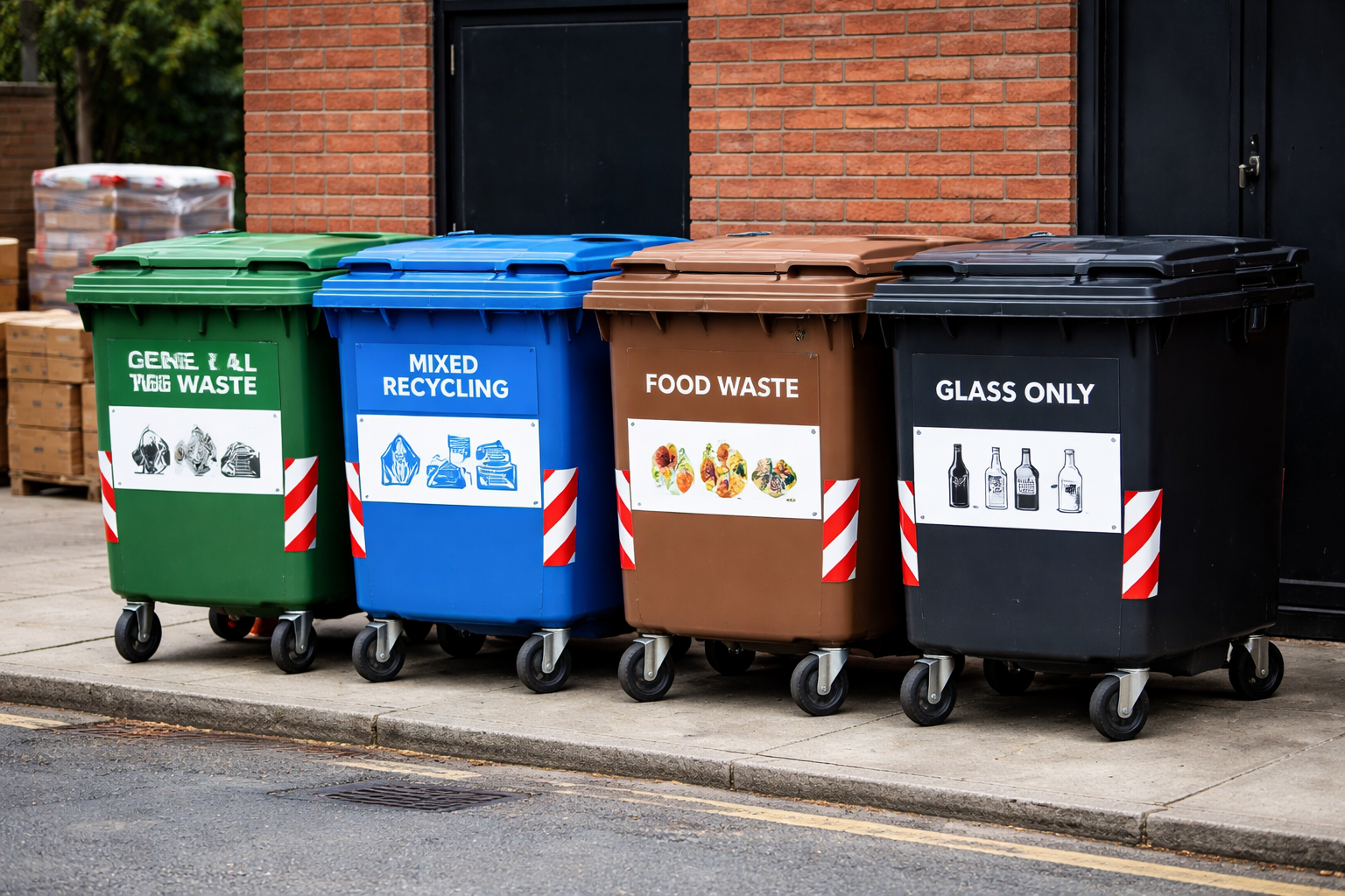 four large commercial waste bins outside a building