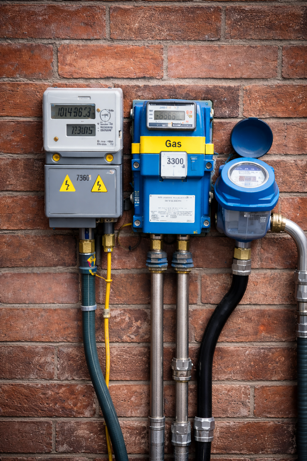 gas and electricity meters on a brick wall